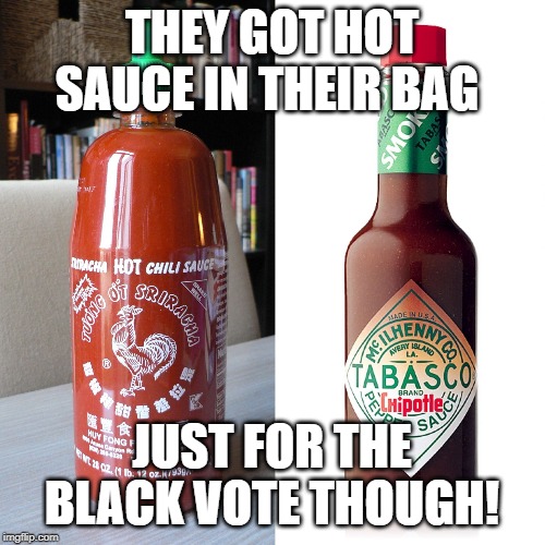 Hot sauce in my bag | THEY GOT HOT SAUCE IN THEIR BAG JUST FOR THE BLACK VOTE THOUGH! | image tagged in hot sauce in my bag | made w/ Imgflip meme maker