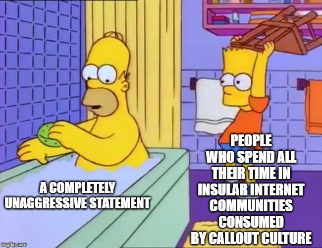 Bart hits Homer with chair | PEOPLE WHO SPEND ALL THEIR TIME IN INSULAR INTERNET COMMUNITIES CONSUMED BY CALLOUT CULTURE; A COMPLETELY UNAGGRESSIVE STATEMENT | image tagged in bart hits homer with chair | made w/ Imgflip meme maker