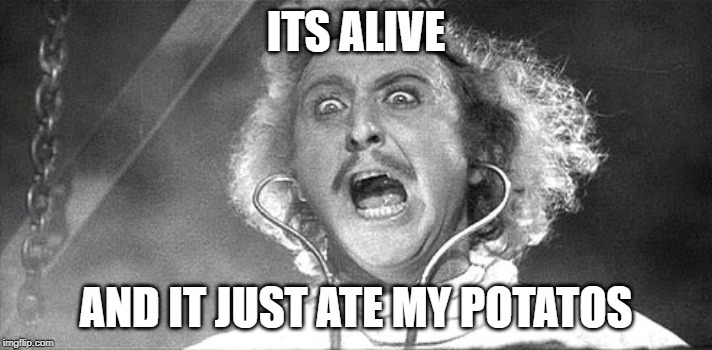 It's alive! | ITS ALIVE; AND IT JUST ATE MY POTATOS | image tagged in it's alive | made w/ Imgflip meme maker