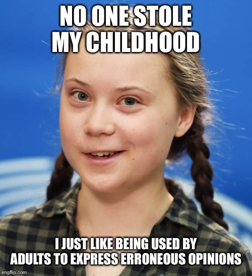 Greta Thunberg | NO ONE STOLE MY CHILDHOOD; I JUST LIKE BEING USED BY ADULTS TO EXPRESS ERRONEOUS OPINIONS | image tagged in greta thunberg | made w/ Imgflip meme maker