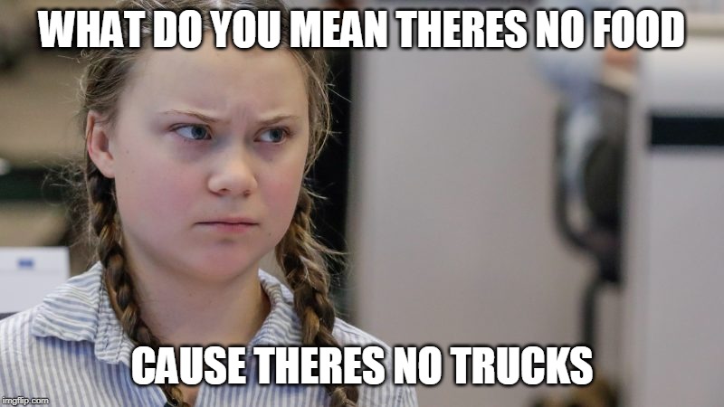 Pissedoff Greta | WHAT DO YOU MEAN THERES NO FOOD; CAUSE THERES NO TRUCKS | image tagged in pissedoff greta | made w/ Imgflip meme maker