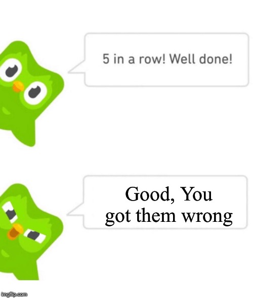 Duolingo 5 in a row | Good, You got them wrong | image tagged in duolingo 5 in a row | made w/ Imgflip meme maker