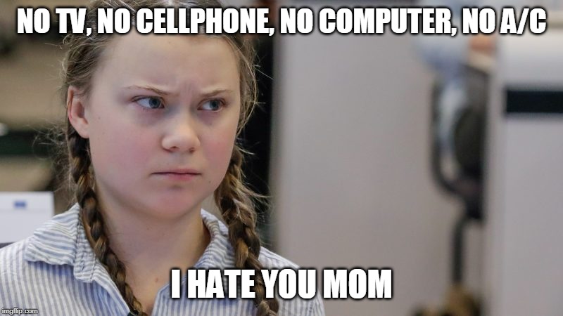Pissedoff Greta | NO TV, NO CELLPHONE, NO COMPUTER, NO A/C; I HATE YOU MOM | image tagged in pissedoff greta | made w/ Imgflip meme maker