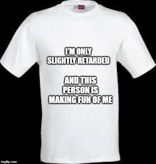 t shirt | I'M ONLY SLIGHTLY RETARDED AND THIS PERSON IS MAKING FUN OF ME | image tagged in t shirt | made w/ Imgflip meme maker