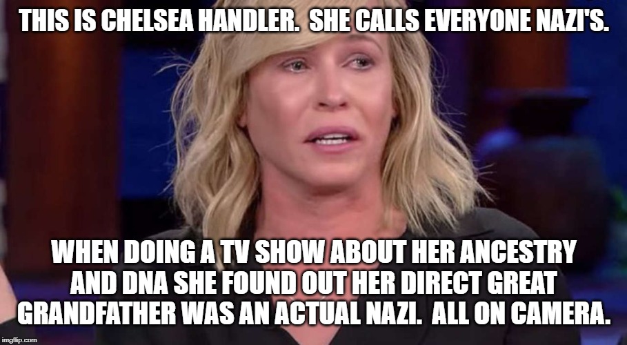 Chelsea Handler | THIS IS CHELSEA HANDLER.  SHE CALLS EVERYONE NAZI'S. WHEN DOING A TV SHOW ABOUT HER ANCESTRY AND DNA SHE FOUND OUT HER DIRECT GREAT GRANDFATHER WAS AN ACTUAL NAZI.  ALL ON CAMERA. | image tagged in chelsea handler | made w/ Imgflip meme maker