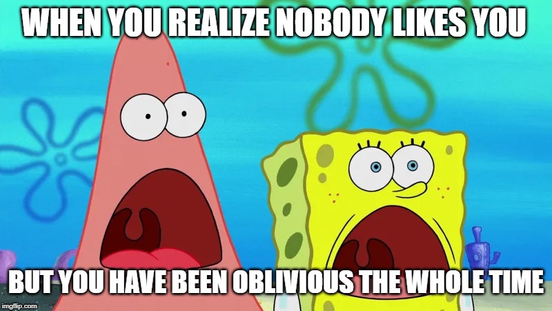 nobody like you | WHEN YOU REALIZE NOBODY LIKES YOU; BUT YOU HAVE BEEN OBLIVIOUS THE WHOLE TIME | image tagged in funny | made w/ Imgflip meme maker