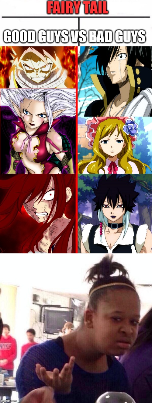 GOOD GUYS LOOK EVIL | FAIRY TAIL; GOOD GUYS VS BAD GUYS | image tagged in memes,black girl wat,who would win blank,fairy tail,anime,anime meme | made w/ Imgflip meme maker
