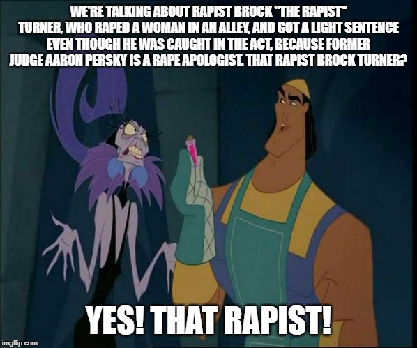 WE'RE TALKING ABOUT RAPIST BROCK "THE RAPIST" TURNER, WHO RAPED A WOMAN IN AN ALLEY, AND GOT A LIGHT SENTENCE EVEN THOUGH HE WAS CAUGHT IN THE ACT, BECAUSE FORMER JUDGE AARON PERSKY IS A RAPE APOLOGIST. THAT RAPIST BROCK TURNER? YES! THAT RAPIST! | made w/ Imgflip meme maker