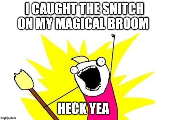 X All The Y | I CAUGHT THE SNITCH ON MY MAGICAL BROOM; HECK YEA | image tagged in memes,x all the y | made w/ Imgflip meme maker