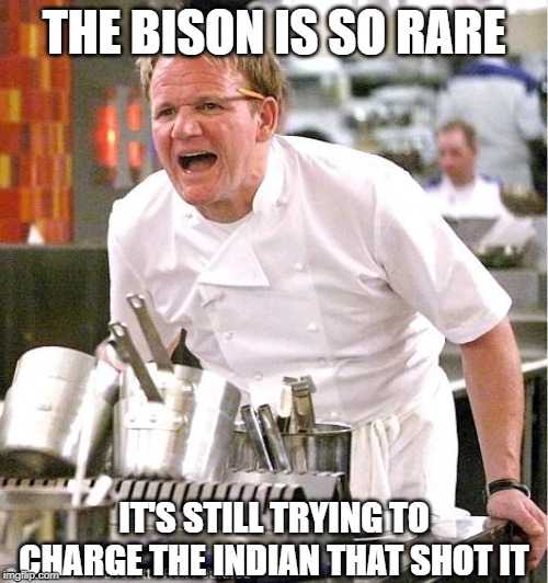Bloody Bison | THE BISON IS SO RARE; IT'S STILL TRYING TO CHARGE THE INDIAN THAT SHOT IT | image tagged in memes,chef gordon ramsay | made w/ Imgflip meme maker