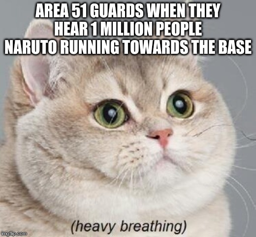 If we run fast enough, we can dodge their bullets!!! | AREA 51 GUARDS WHEN THEY HEAR 1 MILLION PEOPLE NARUTO RUNNING TOWARDS THE BASE | image tagged in memes,heavy breathing cat,storm area 51,funny,naruto,please dont actually storm the base | made w/ Imgflip meme maker