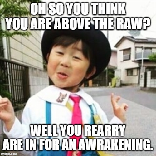 niña china | OH SO YOU THINK YOU ARE ABOVE THE RAW? WELL YOU REARRY ARE IN FOR AN AWRAKENING. | image tagged in nia china | made w/ Imgflip meme maker