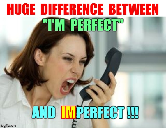 ALLOW ME TO CLARIFY ... | HUGE  DIFFERENCE  BETWEEN; "I'M  PERFECT"; PERFECT !!! IM; AND | image tagged in angry woman,funny memes,rick75230,perhaps you don't understand,allow me to clarify | made w/ Imgflip meme maker
