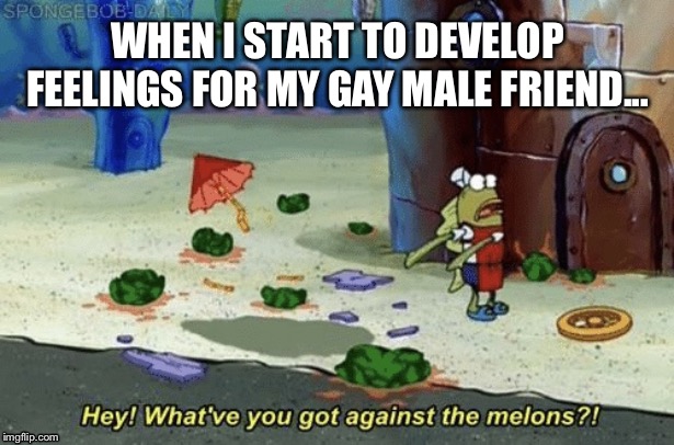 Spongebob melons | WHEN I START TO DEVELOP FEELINGS FOR MY GAY MALE FRIEND... | image tagged in spongebob melons | made w/ Imgflip meme maker