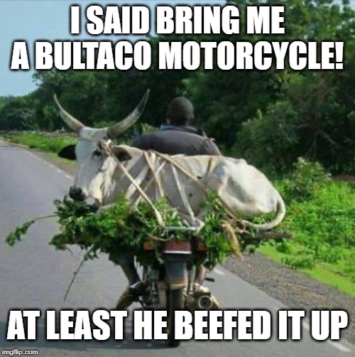 Bull Taco | I SAID BRING ME A BULTACO MOTORCYCLE! AT LEAST HE BEEFED IT UP | image tagged in bull taco | made w/ Imgflip meme maker