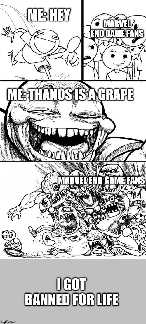 yo all of you end game fans this is for u | ME: HEY; MARVEL END GAME FANS; ME: THANOS IS A GRAPE; MARVEL END GAME FANS; I GOT BANNED FOR LIFE | image tagged in memes,hey internet | made w/ Imgflip meme maker