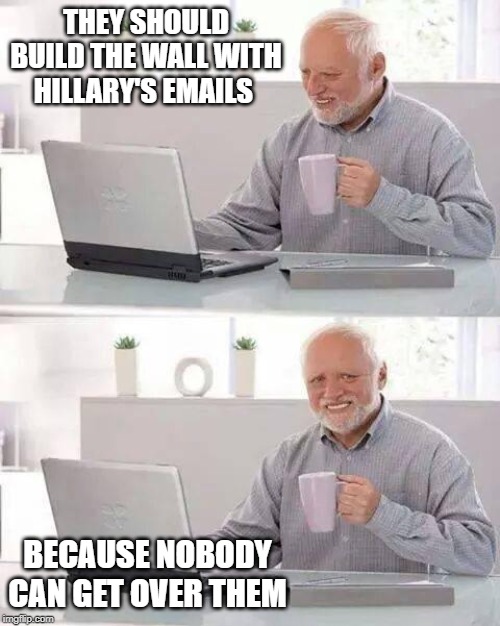 Hide the Pain Harold | THEY SHOULD BUILD THE WALL WITH HILLARY'S EMAILS; BECAUSE NOBODY CAN GET OVER THEM | image tagged in memes,hide the pain harold | made w/ Imgflip meme maker
