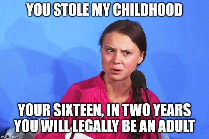 Greta Thunberg | YOU STOLE MY CHILDHOOD; YOUR SIXTEEN, IN TWO YEARS YOU WILL LEGALLY BE AN ADULT | image tagged in greta thunberg | made w/ Imgflip meme maker