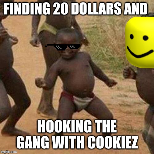 Third World Success Kid | FINDING 20 DOLLARS AND; HOOKING THE GANG WITH COOKIEZ | image tagged in memes,third world success kid | made w/ Imgflip meme maker