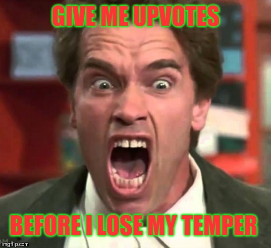 No, I haven't lost it yet!!! | GIVE ME UPVOTES; BEFORE I LOSE MY TEMPER | image tagged in arnold yelling,upvotes,44colt | made w/ Imgflip meme maker