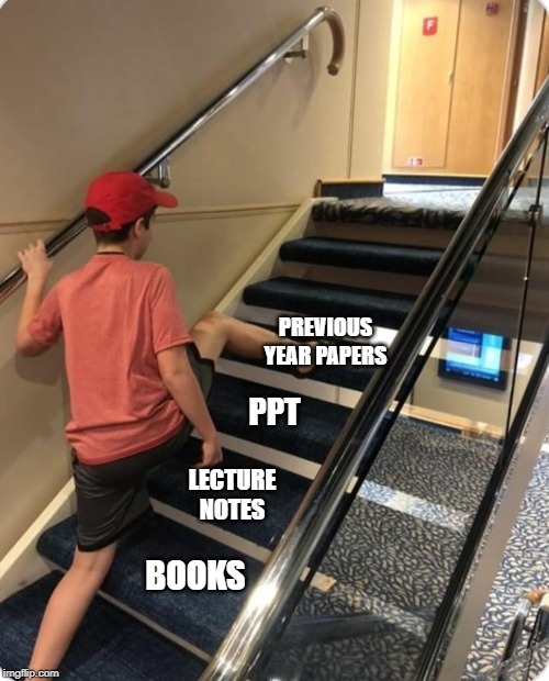 Skipping steps | PREVIOUS YEAR PAPERS; PPT; BOOKS; LECTURE NOTES | image tagged in skipping steps | made w/ Imgflip meme maker
