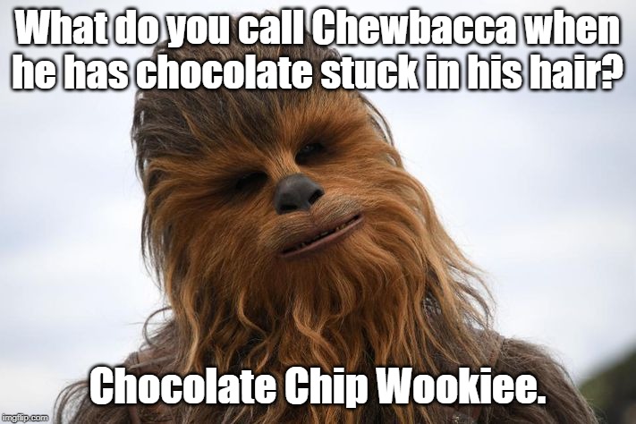 Chewbacca | What do you call Chewbacca when he has chocolate stuck in his hair? Chocolate Chip Wookiee. | image tagged in star wars | made w/ Imgflip meme maker
