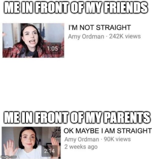 Im not straight | ME IN FRONT OF MY FRIENDS; ME IN FRONT OF MY PARENTS | image tagged in im not straight | made w/ Imgflip meme maker