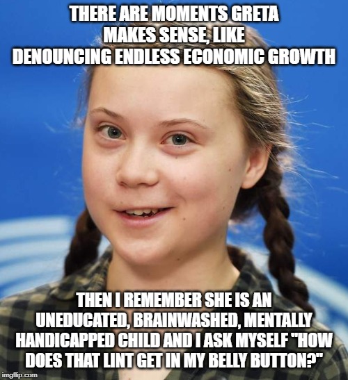 Another actor | THERE ARE MOMENTS GRETA MAKES SENSE, LIKE DENOUNCING ENDLESS ECONOMIC GROWTH; THEN I REMEMBER SHE IS AN UNEDUCATED, BRAINWASHED, MENTALLY HANDICAPPED CHILD AND I ASK MYSELF "HOW DOES THAT LINT GET IN MY BELLY BUTTON?" | image tagged in greta thunberg,uneducated,mental health,brainwashed,climate change,sjws | made w/ Imgflip meme maker