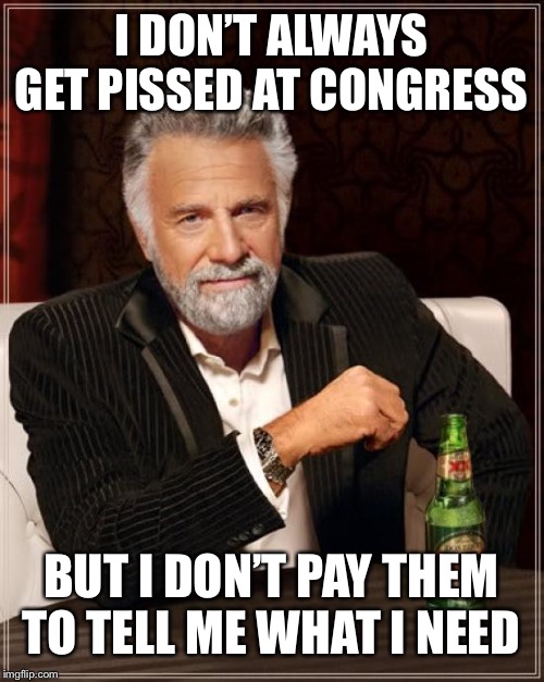 We tell Congress what We need.They don’t tell us what we can have. | I DON’T ALWAYS GET PISSED AT CONGRESS; BUT I DON’T PAY THEM TO TELL ME WHAT I NEED | image tagged in memes,the most interesting man in the world,assault rifle,gun ban,second amendment,constitution | made w/ Imgflip meme maker