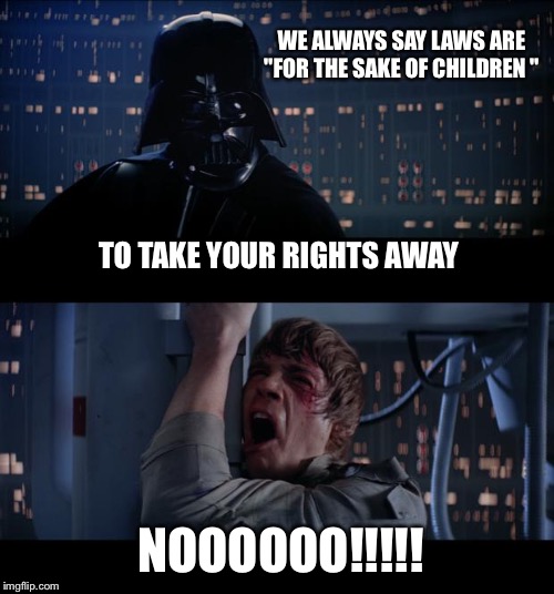Star Wars No Meme | WE ALWAYS SAY LAWS ARE "FOR THE SAKE OF CHILDREN "; TO TAKE YOUR RIGHTS AWAY; NOOOOOO!!!!! | image tagged in memes,star wars no | made w/ Imgflip meme maker
