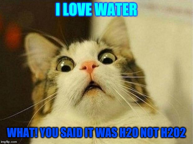 Scared Cat Meme | I LOVE WATER; WHAT! YOU SAID IT WAS H2O NOT H2O2 | image tagged in memes,scared cat | made w/ Imgflip meme maker