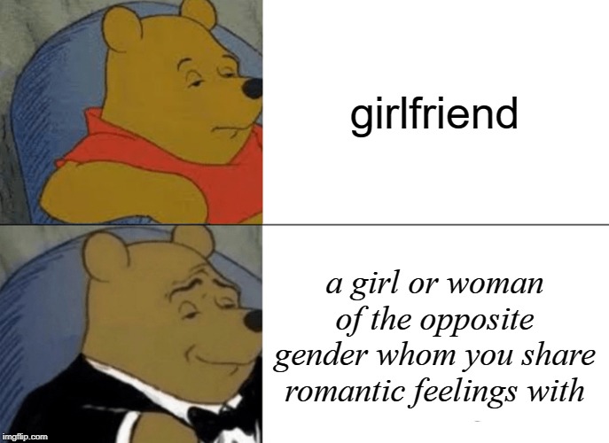 Tuxedo Winnie The Pooh Meme | girlfriend; a girl or woman of the opposite gender whom you share romantic feelings with | image tagged in memes,tuxedo winnie the pooh | made w/ Imgflip meme maker