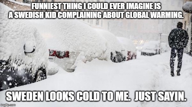 Sweden is Cold AF | FUNNIEST THING I COULD EVER IMAGINE IS A SWEDISH KID COMPLAINING ABOUT GLOBAL WARMING. SWEDEN LOOKS COLD TO ME.  JUST SAYIN. | image tagged in sweden,climate change | made w/ Imgflip meme maker