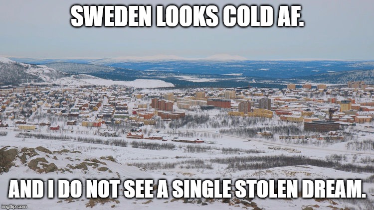 Sweden is cold | SWEDEN LOOKS COLD AF. AND I DO NOT SEE A SINGLE STOLEN DREAM. | image tagged in climate change | made w/ Imgflip meme maker