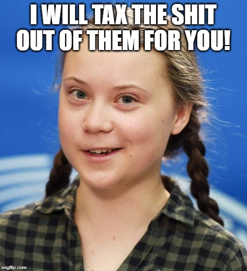 Greta Thunberg | I WILL TAX THE SHIT OUT OF THEM FOR YOU! | image tagged in greta thunberg | made w/ Imgflip meme maker