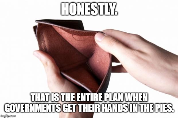 Empty wallet | HONESTLY. THAT IS THE ENTIRE PLAN WHEN GOVERNMENTS GET THEIR HANDS IN THE PIES. | image tagged in empty wallet | made w/ Imgflip meme maker