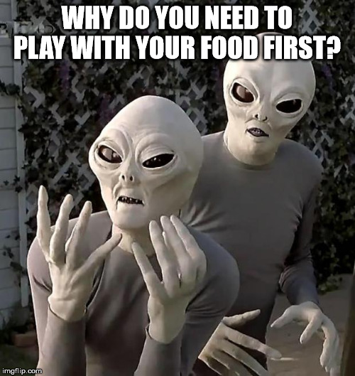 Aliens | WHY DO YOU NEED TO PLAY WITH YOUR FOOD FIRST? | image tagged in aliens | made w/ Imgflip meme maker