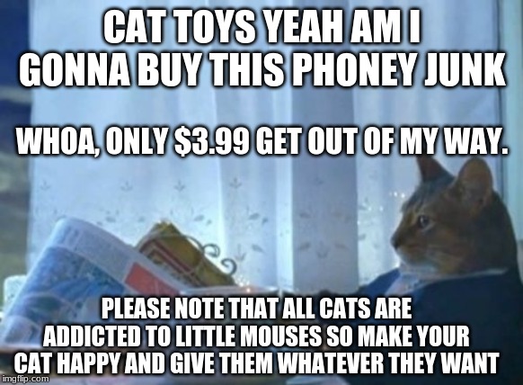 I Should Buy A Boat Cat | CAT TOYS YEAH AM I GONNA BUY THIS PHONEY JUNK; WHOA, ONLY $3.99 GET OUT OF MY WAY. PLEASE NOTE THAT ALL CATS ARE ADDICTED TO LITTLE MOUSES SO MAKE YOUR CAT HAPPY AND GIVE THEM WHATEVER THEY WANT | image tagged in memes,i should buy a boat cat | made w/ Imgflip meme maker