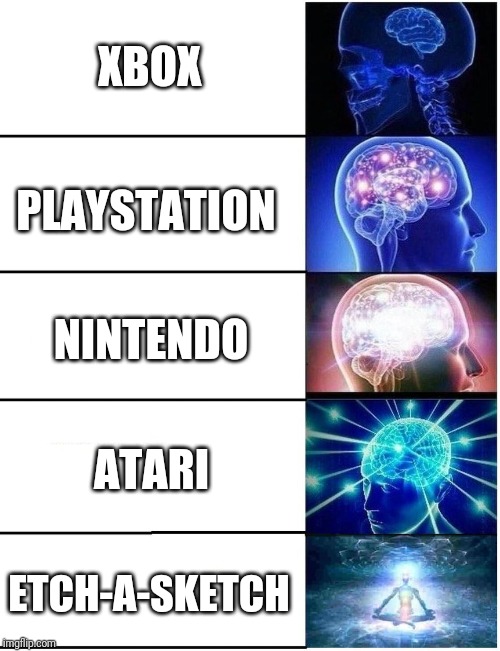 Expanding Brain 5 Panel | XBOX; PLAYSTATION; NINTENDO; ATARI; ETCH-A-SKETCH | image tagged in expanding brain 5 panel,memes | made w/ Imgflip meme maker