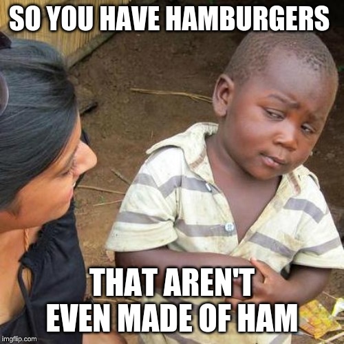 Third World Skeptical Kid | SO YOU HAVE HAMBURGERS; THAT AREN'T EVEN MADE OF HAM | image tagged in memes,third world skeptical kid | made w/ Imgflip meme maker