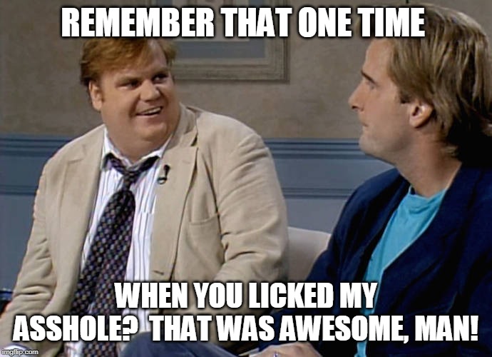 TMI on the Chris Farley Show |  REMEMBER THAT ONE TIME; WHEN YOU LICKED MY ASSHOLE?  THAT WAS AWESOME, MAN! | image tagged in remember that time,asshole,lick,licking,chris farley | made w/ Imgflip meme maker