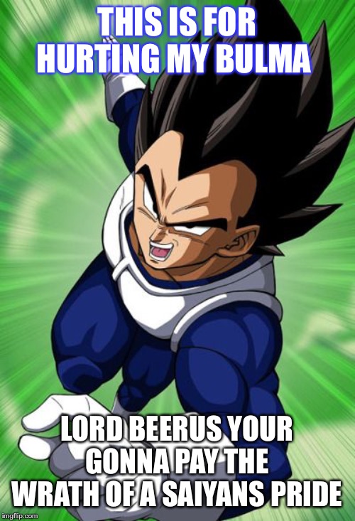 Don’t make vegeta mad | THIS IS FOR HURTING MY BULMA; LORD BEERUS YOUR GONNA PAY THE WRATH OF A SAIYANS PRIDE | image tagged in dragon ball z,dragon ball super,dragon ball gt | made w/ Imgflip meme maker
