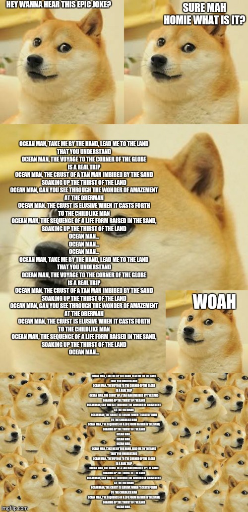 soup | HEY WANNA HEAR THIS EPIC JOKE? SURE MAH HOMIE WHAT IS IT? OCEAN MAN, TAKE ME BY THE HAND, LEAD ME TO THE LANDTHAT YOU UNDERSTANDOCEAN MAN, | image tagged in memes,multi doge,doge,square doge,ocean,epic | made w/ Imgflip meme maker