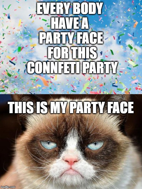 EVERY BODY 
HAVE A 
PARTY FACE
 FOR THIS
 CONNFETI PARTY; THIS IS MY PARTY FACE | image tagged in memes,grumpy cat not amused,confetti | made w/ Imgflip meme maker