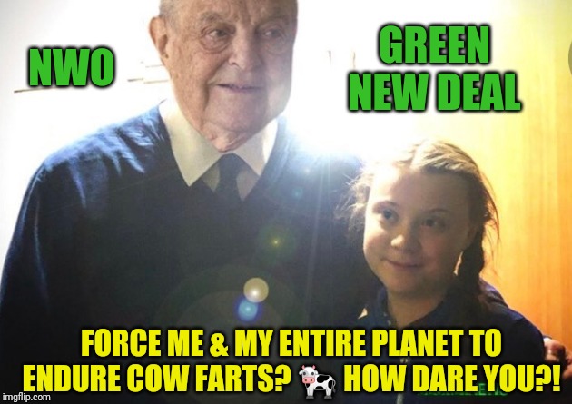 George Soros rolls out Mini Me | NWO; GREEN NEW DEAL; FORCE ME & MY ENTIRE PLANET TO ENDURE COW FARTS? 🐄 HOW DARE YOU?! | image tagged in greta thunberg loves grandpa,angry baby,brock how dare you,global warming,fascists,the great awakening | made w/ Imgflip meme maker