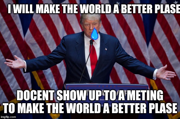 Donald Trump | I WILL MAKE THE WORLD A BETTER PLASE; DOCENT SHOW UP TO A METING TO MAKE THE WORLD A BETTER PLASE | image tagged in donald trump | made w/ Imgflip meme maker