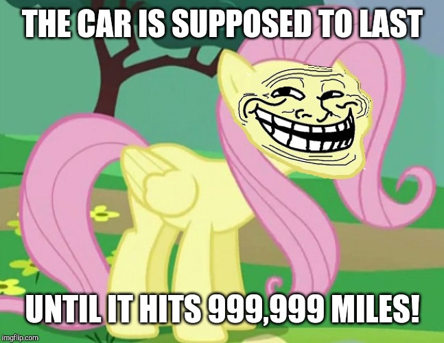 Fluttertroll | THE CAR IS SUPPOSED TO LAST UNTIL IT HITS 999,999 MILES! | image tagged in fluttertroll | made w/ Imgflip meme maker