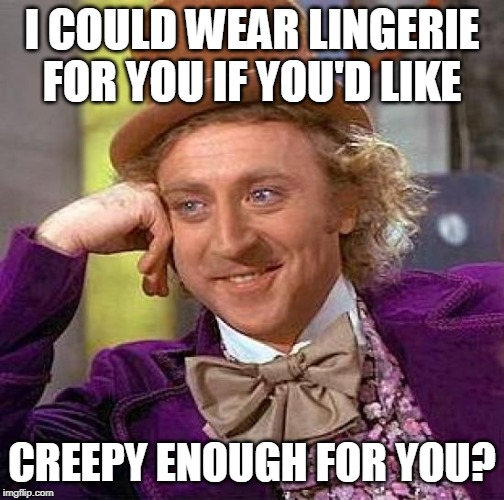 Creepy Condescending Wonka Meme | I COULD WEAR LINGERIE FOR YOU IF YOU'D LIKE CREEPY ENOUGH FOR YOU? | image tagged in memes,creepy condescending wonka | made w/ Imgflip meme maker