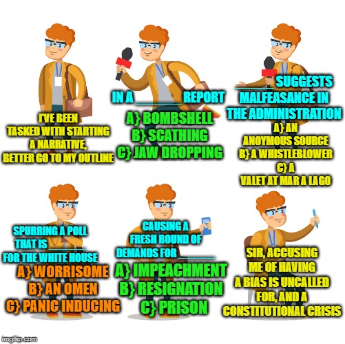 The truth of the matter | IN A ______ REPORT; _____ SUGGESTS MALFEASANCE IN THE ADMINISTRATION; A} AN ANOYMOUS SOURCE B} A WHISTLEBLOWER C} A VALET AT MAR A LAGO; A} BOMBSHELL B} SCATHING C} JAW DROPPING; I'VE BEEN TASKED WITH STARTING A NARRATIVE, BETTER GO TO MY OUTLINE; CAUSING A FRESH ROUND OF DEMANDS FOR ______; SPURRING A POLL THAT IS ______ FOR THE WHITE HOUSE; SIR, ACCUSING ME OF HAVING A BIAS IS UNCALLED FOR, AND A CONSTITUTIONAL CRISIS; A} IMPEACHMENT B} RESIGNATION   C} PRISON; A} WORRISOME B} AN OMEN C} PANIC INDUCING | image tagged in fake news,cnn fake news,propaganda | made w/ Imgflip meme maker