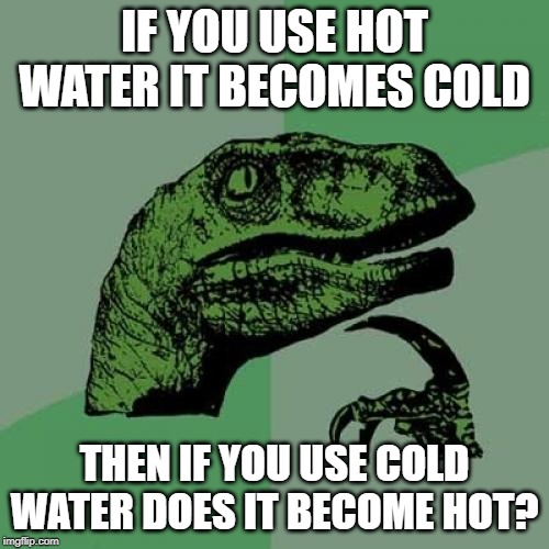 Philosoraptor Meme | IF YOU USE HOT WATER IT BECOMES COLD; THEN IF YOU USE COLD WATER DOES IT BECOME HOT? | image tagged in memes,philosoraptor | made w/ Imgflip meme maker
